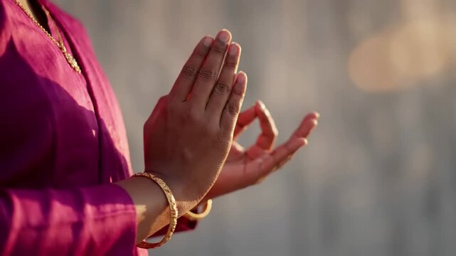 Woman's hands performing a yoga mudra gesture, spiritual practice, meditation and mindfulness, zen moment