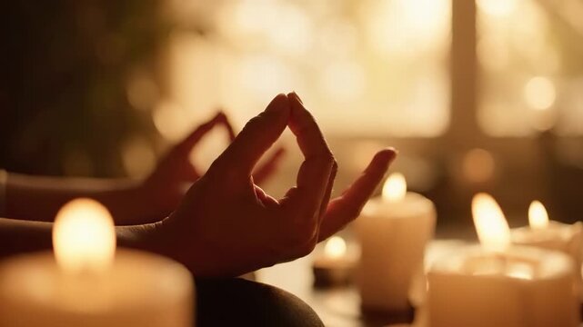 A person meditates with fingers in Gyan Mudra surrounded by lit candles creating a serene atmosphere for mindfulness and relaxation