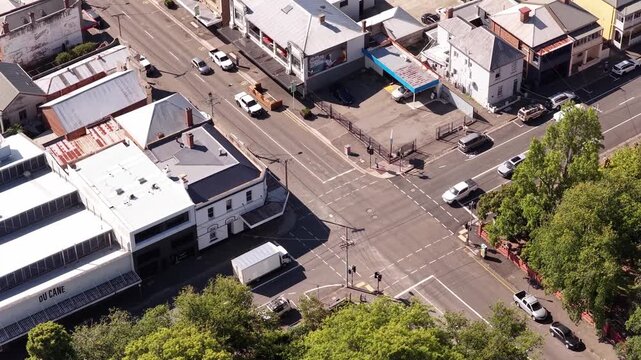 Churches in Launceston city downtown aerial architecture view of city streets, Tasmania.