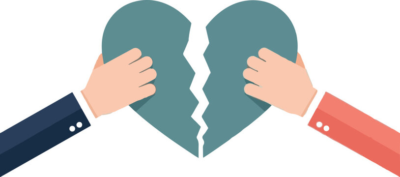 Broken heart held by two hands symbolizing separation.
