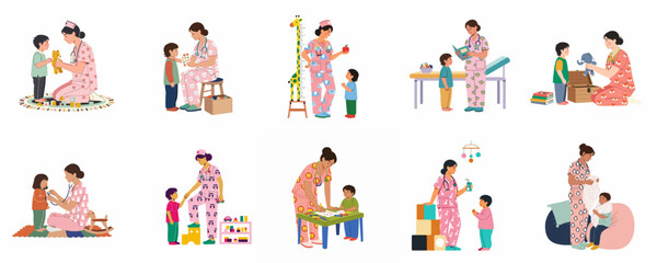 Fototapeta premium Set of Illustrations Featuring a Pediatric Nurse Interacting with Children in Various Healthcare and Medical Clinic Scenarios