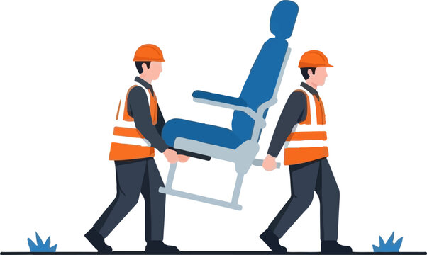 Two Construction Workers Moving a Large Blue Chair Together.