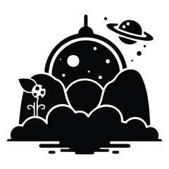 Space planet landscape silhouette vector illustration featuring stars and ringed saturn orb. © monoronjon