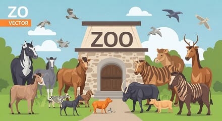 Naklejka premium Colorful zoo animals gathered near entrance sign.