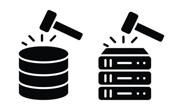 Gavel striking database and server icons with sparks