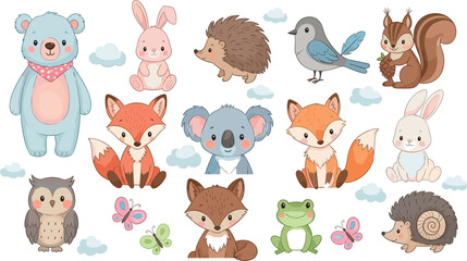 Fototapeta premium Cute Woodland Animal Characters Collection with Fox Bunny Koala Bear Hedgehog Owl Squirrel Bird and Frog Vector Illustration Set