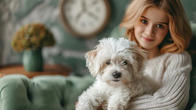 puppy with white fluffy fur and beautiful girl sitting on green soft chair in room, wall painting, wall clock, green tree vase.