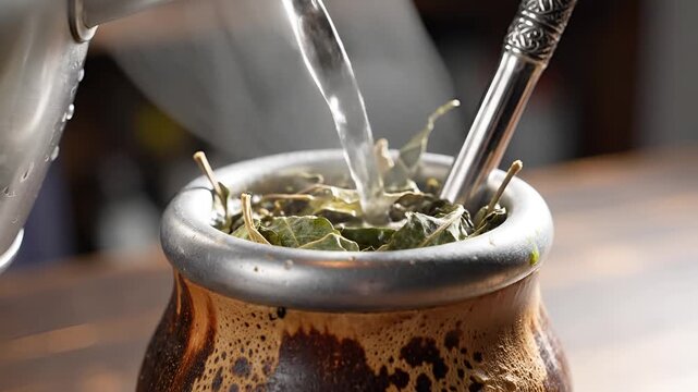 Hot water being poured into a traditional mate gourd with a bombilla.