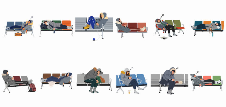 Collection of tired travelers in winter clothes sleeping and waiting on airport or station benches, flat vector illustration set isolated on white.