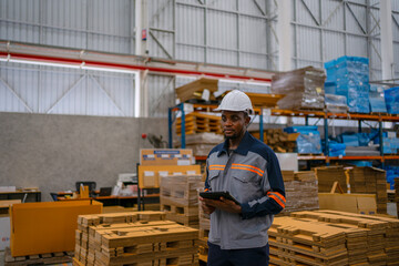 Fototapeta premium Black Factory Worker Using Digital Tablet in Cardboard Warehouse