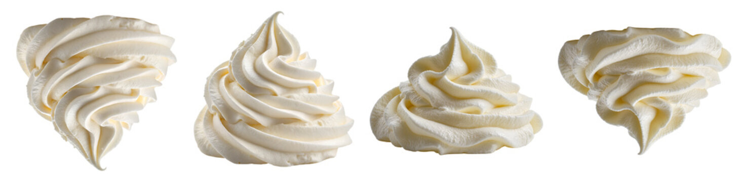 Four swirls of whipped cream isolated on a transparent background