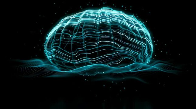Abstract digital glowing human brain neural network visualization with blue light waves on black background for artificial intelligence and neuroscience concept