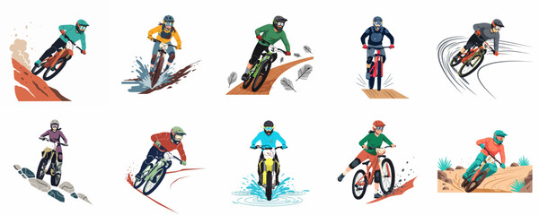 Collection of Action Illustrations Featuring Mountain Biking and Motocross Riders on Various Terrains © Yola