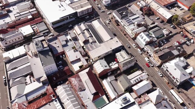 CBD of Launceston city in Tasmania aerial urban downtown view above streets architecture.
