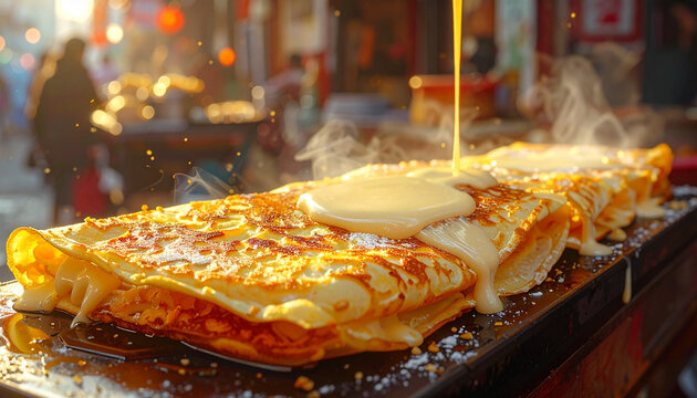 Golden pancakes with sweet sauce
