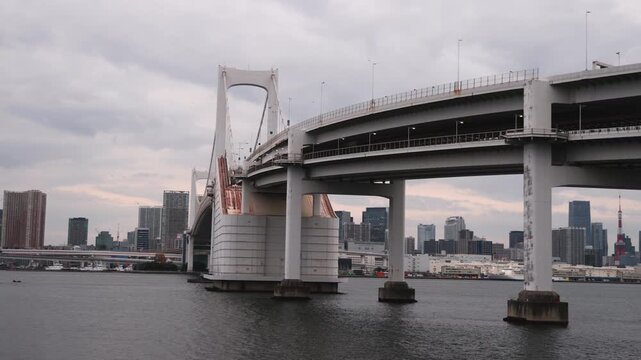 Odaiba island panorama, Odaiba district, artificial island in Tokyo, Japan, Koto, Minata and Shirakawa ward, Odaiba Marine Park and beach, Rainbow bridge and the Statue of Liberty replica, Tokyo bay
