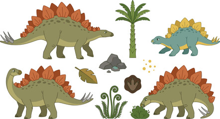 Cute Stegosaurus Dinosaur Character Set with Prehistoric Plants Trees Footprint and Rocks for Kids Education and Jurassic Graphic Vector Designs © MstAkhlima