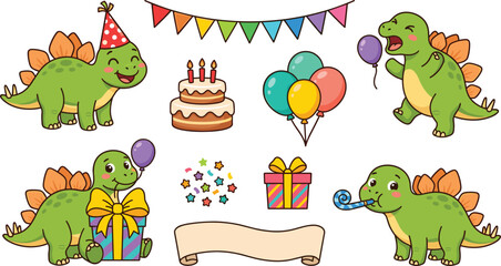 Cute Dinosaur Birthday Party Character Set with Cake Balloons Gift Box Bunting and Confetti for Kids Holiday Celebration Card Vector Graphic Designs © MstAkhlima