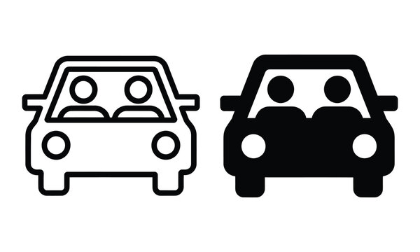Black and white carpool icon with two vehicles and passengers