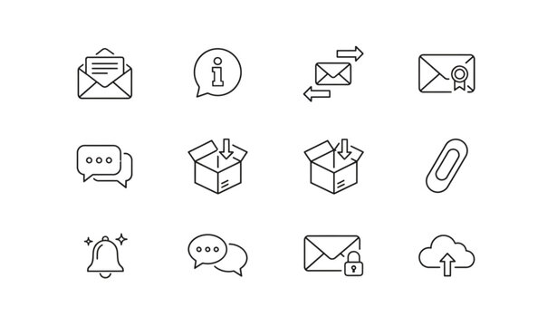 Email and Communication Line Icons Set Vector with Message and Letter Symbols