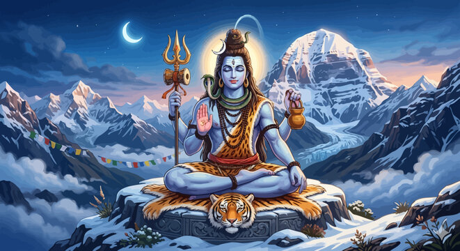 Lord Shiva Meditating on a Tiger Skin Amidst Snowy Mountains Under a Crescent Moon