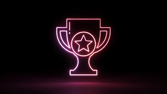 Neon glowing trophy cup with a star icon changing colors on a dark black background.