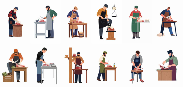 Set of professional male butchers in aprons preparing fresh meat cuts on tables, flat vector illustration collection on white background.