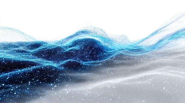 Abstract Flowing Waves of Glitter: A mesmerizing abstract visualization depicts flowing waves composed of shimmering blue and white glitter particles.