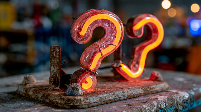 Vintage neon question mark salvaged from demolished pharmacy, cracked electrode visible through glass tube housing, aged metal mounting bracket and original ceramic standoffs preserved in archival s