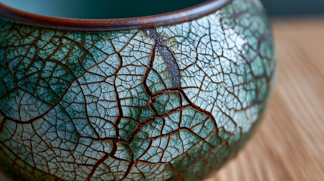 Wabi-sabi cracked celadon glaze ceramic vessel surface macro, crazing network of fine fissures across feldspathic slip, kiln atmosphere reduction firing effect, studio pottery artisan ceramic craft 