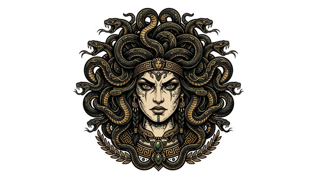 Medusa illustration with snakes hair.