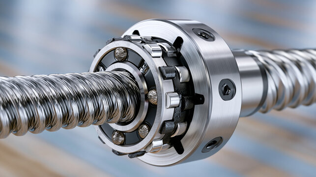 Ball screw end journal ground diameter transition to thread relief groove, angular contact bearing preload spacer ground face showing surface grinding lay marks, lock nut spanner slot detail, keyway