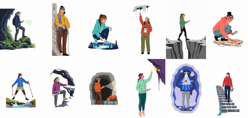 Collection of Female Explorers and Scientists Engaged in Outdoor Activities Like Caving, Mountaineering, and Archaeological Research © ValentinaRestrepo