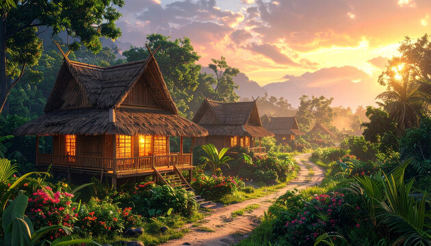 Peaceful tropical village at sunset