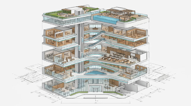Cutaway view of a modern office building showing multiple floors and interior details.