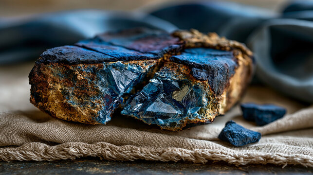 Dried natural indigo pigment cake fractured surface showing crystalline fermentation residue and oxidized crust layers, arranged collection of historic dye material specimens on raw linen cloth, art