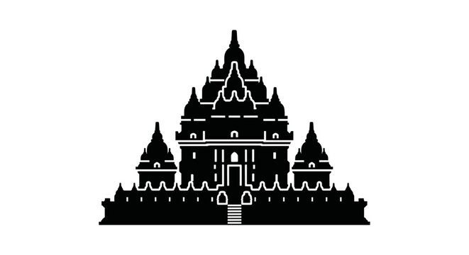 Silhouette of a large ancient temple building.