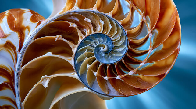 Nautilus shell cross-section interior revealed under directional studio light, Fibonacci chambered logarithmic spiral geometry progressing inward through calcified septa walls, biological architectu