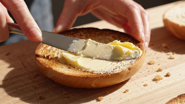 Person spreading butter on toasted bread