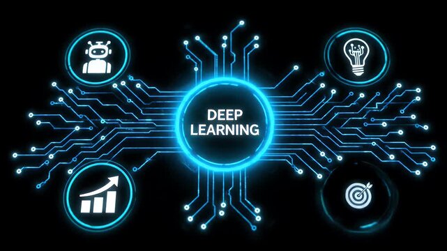 Deep learning technology concept with glowing circuit board and digital ai blue icon