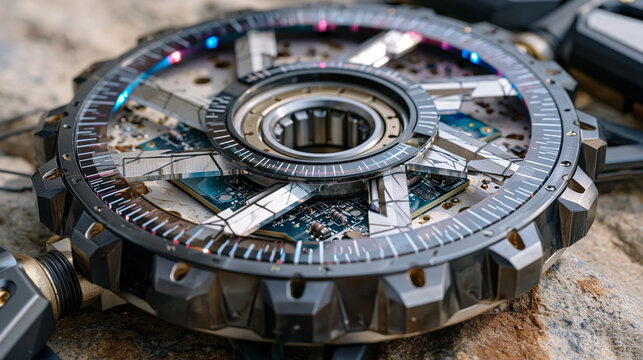 Quadrature encoder disk mounted on robot wheel hub, optical slot sensor straddling etched glass scale, aluminum spoke casting geometric shadows across PCB mounting plate, bearing race visible throug