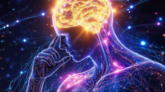 Glowing human profile with illuminated neural network and firing neurons representing thought, consciousness, and energetic brain connectivity in a vibrant futuristic visualization