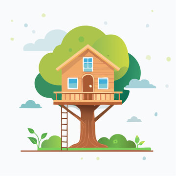 Cabane dans un arbre en bois, univers nature et aventure enfantine
