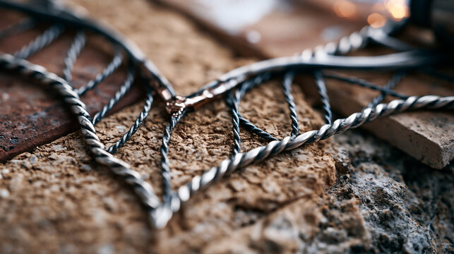 Silver filigree wire soldered framework resting on ceramic kiln shelf beside test tiles, solder flow frozen mid-join, macro detail capturing twisted grain of fine metal wire against refractory board