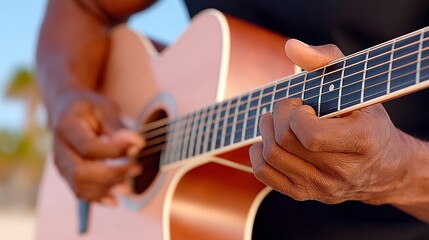 Fototapeta premium a close-up, focused view of a person's hands skillfully playing an acoustic guitar, highlighting the strings, fretboard, and the musician's technique.