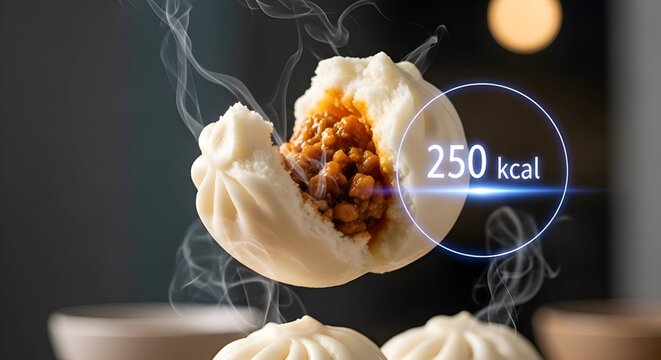 Steaming hot bao bun with visible 250 calorie count overlay
