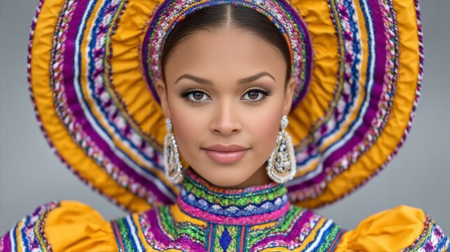a woman is captured in a front-facing portrait wearing an elaborate, colorful traditional headpiece and matching garment featuring intricate embroidery and vibrant patterns.