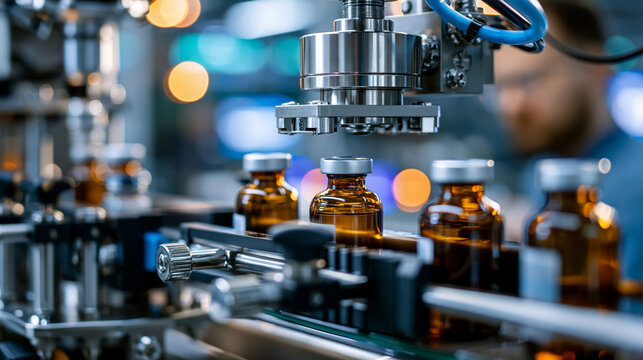 Robotic pharmaceutical packaging line moving amber bottles through labeling and sealing stations, clean stainless machinery, controlled production environment, medicine packaging, pharma