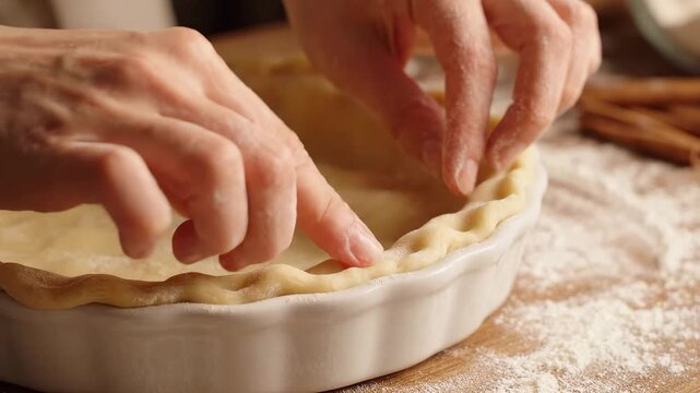 Hands shaping pie crust in dish