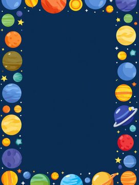 The frame shows a border made of colorful planets and stars on a blue background, leaving an empty center space for various uses.